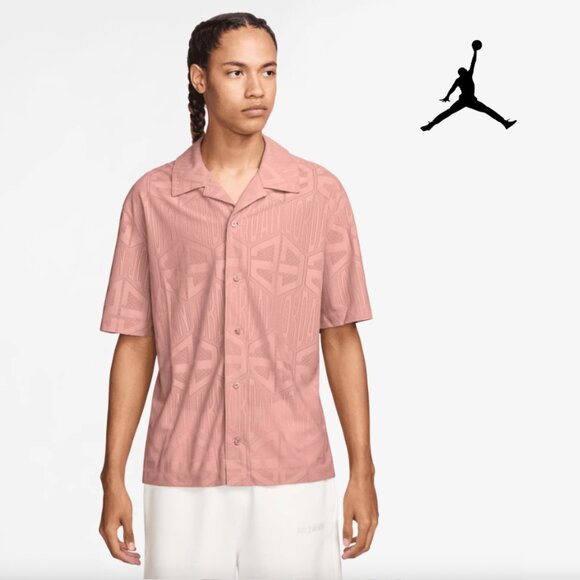 Jordan Flight Men's Short-Sleeve Jacquard Knit Top Button Up Retro Rust Pink XL